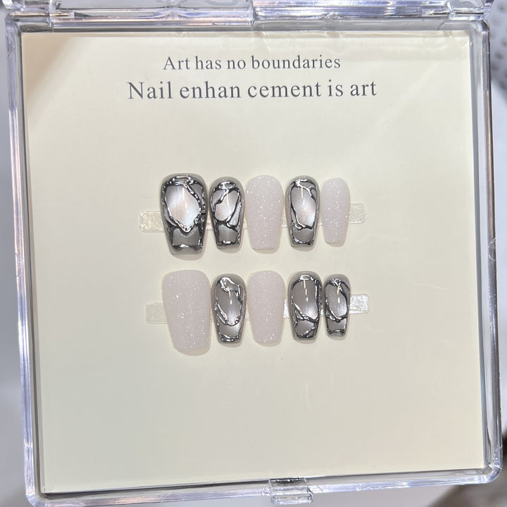 Elegant Acrylic Press-On Nail Art Set with Metallic Design Elements Kalsten