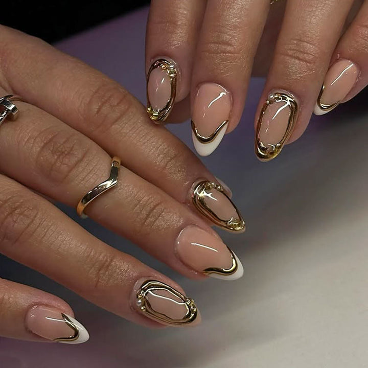 Decorative Press-On Nail Art with Gold Accents