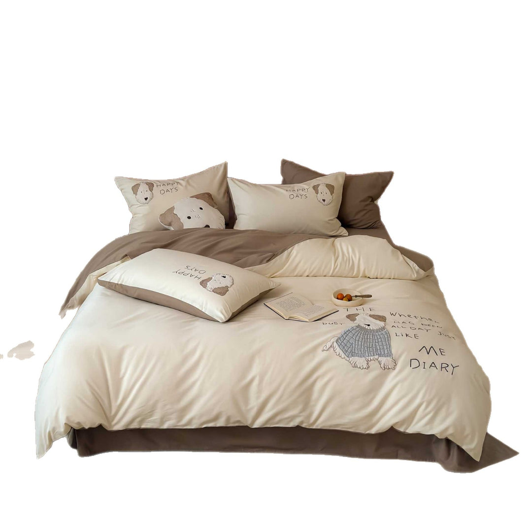 Children's bedding set with embroidered dog motifs and extra soft cotton satin