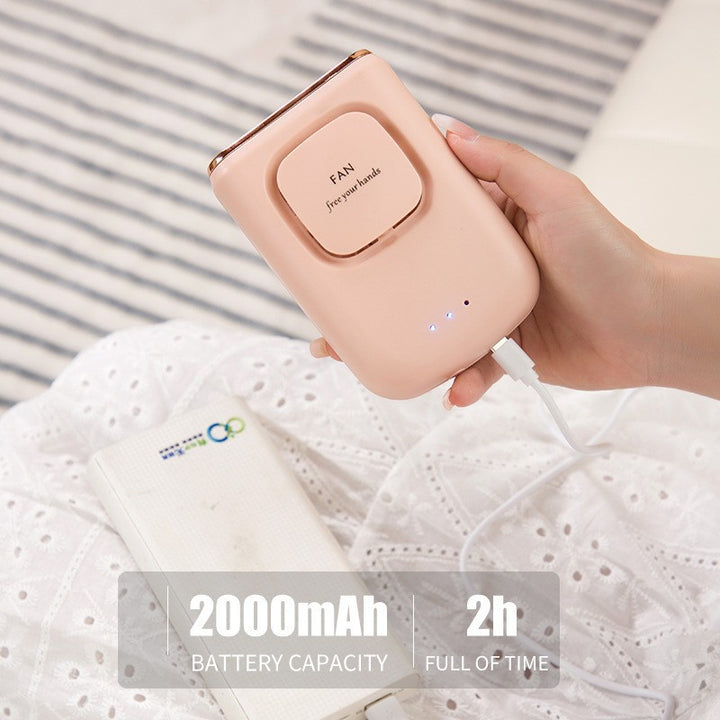 Women's nan compact rechargeable portable handheld fan with built in powerbank and foldable stand Kalsten