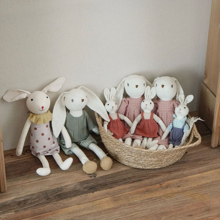 Handmade Linen Bunny Soft Cloth Doll with Embroidered Overalls
