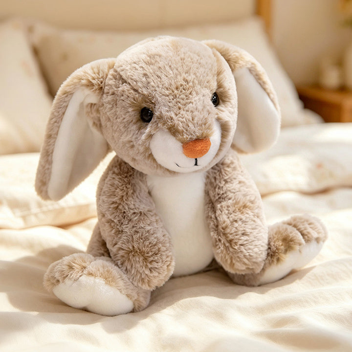 Plush Floral-Lined Ear Bunny Stuffed Toy with Embroidered Face and Curly Faux Fur Kalsten