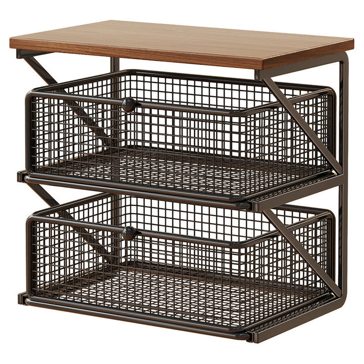 Countertop Coffee Station Organizer with Wooden Top and Metal Wire Basket