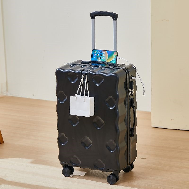 hard-shell carry-on suitcase with integrated foldable cup holder phone cradle USB charging port and external bag hooks Kalsten