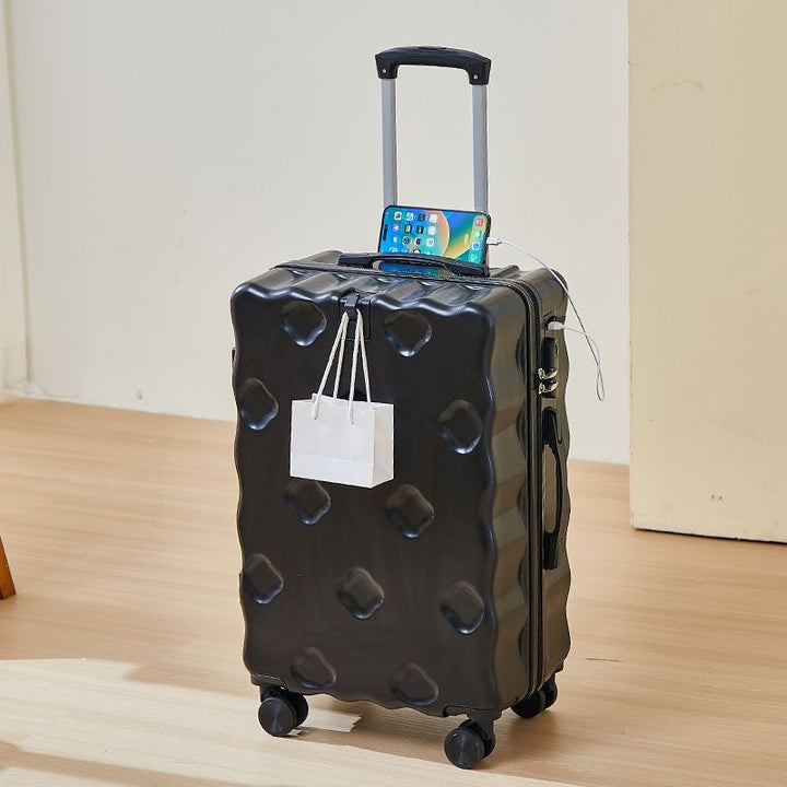 hard-shell carry-on suitcase with integrated foldable cup holder phone cradle USB charging port and external bag hooks Kalsten