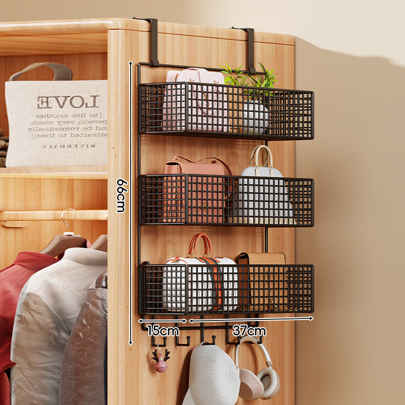 Over-the-Door Metal Grid Hanging Organizer with Four Stackable Baskets and Hooks