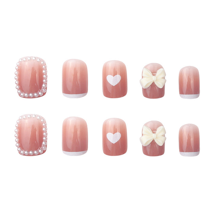 Decorative Floral Press-On Nails with Pearl and Heart Design Kalsten