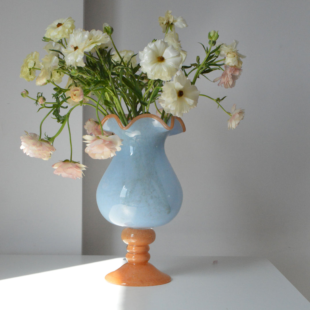 Handblown Ruffled-Rim Bulb-on-Pedestal Art Glass Vase Kalsten