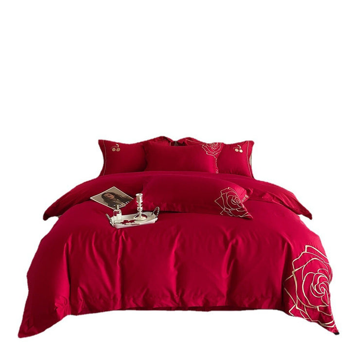 Luxurious cotton satin bedding set with rose embroidery