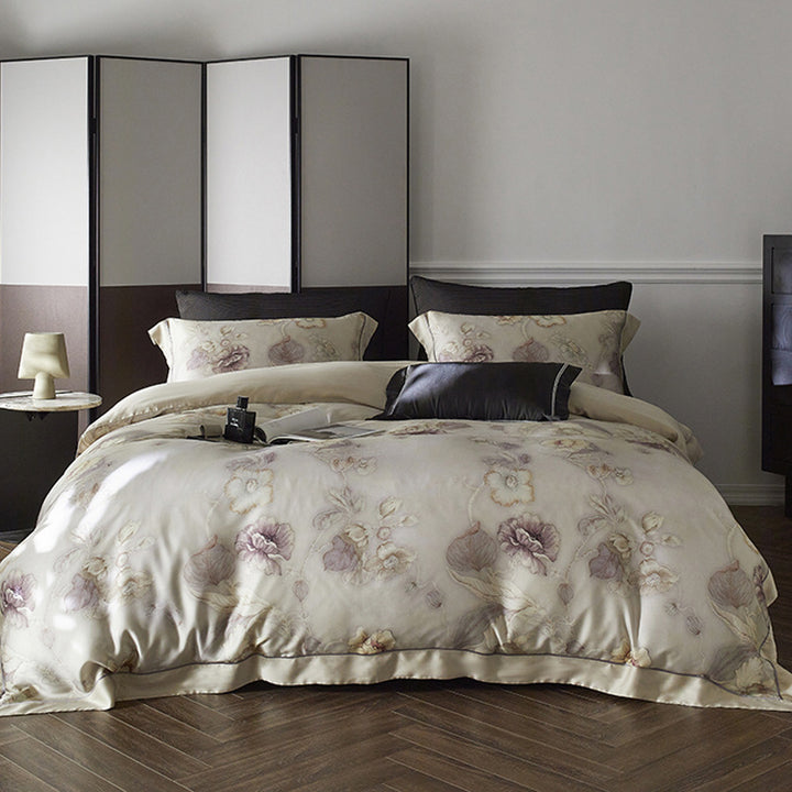 Premium cotton satin duvet cover set with watercolor flower pattern and silky matte touch