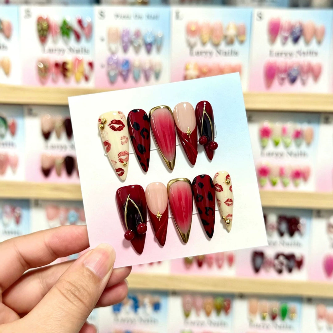 Artistic Press-On Nail Set with Unique Lip and Animal Print Designs