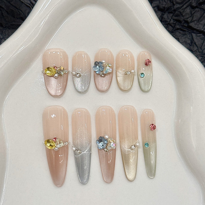 Artistic Press-On Nail Set with Gem Embellishments