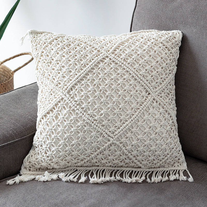 Round Macrame Decorative Pillow with Hand-Knotted Cotton Cover and Fringes