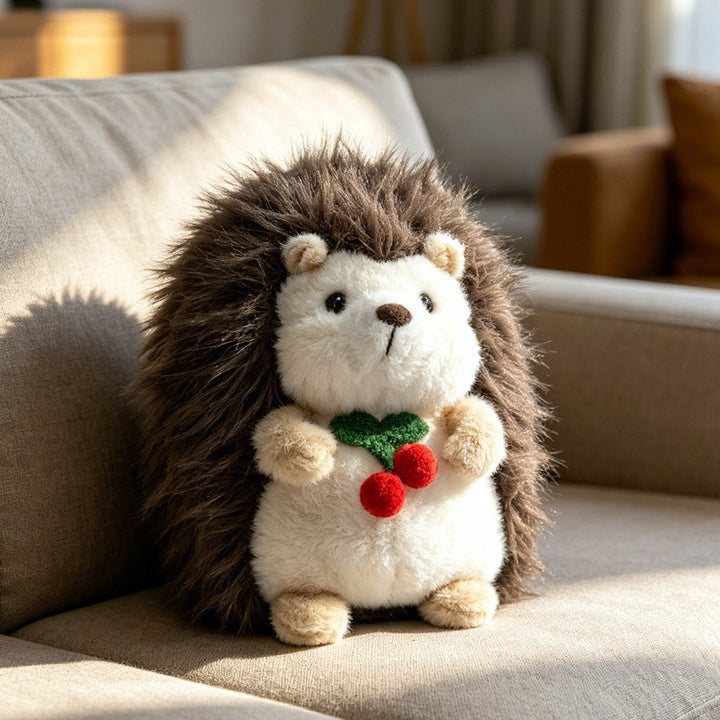 Kawaii Hedgehog Plush Collectible with Embroidered Cherry Accent and Soft Faux‑Fur Back Kalsten