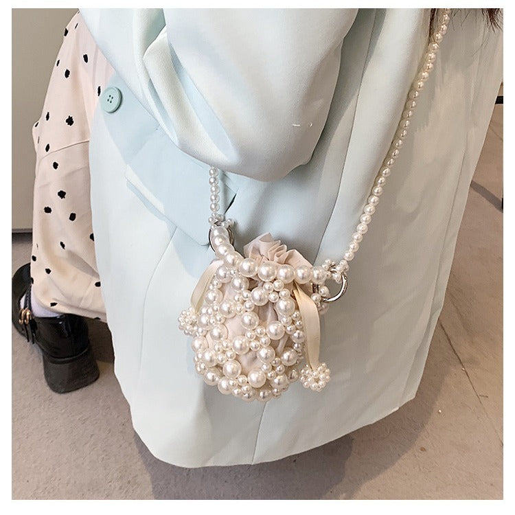 Pearl-Adorned Drawstring Evening Handbag