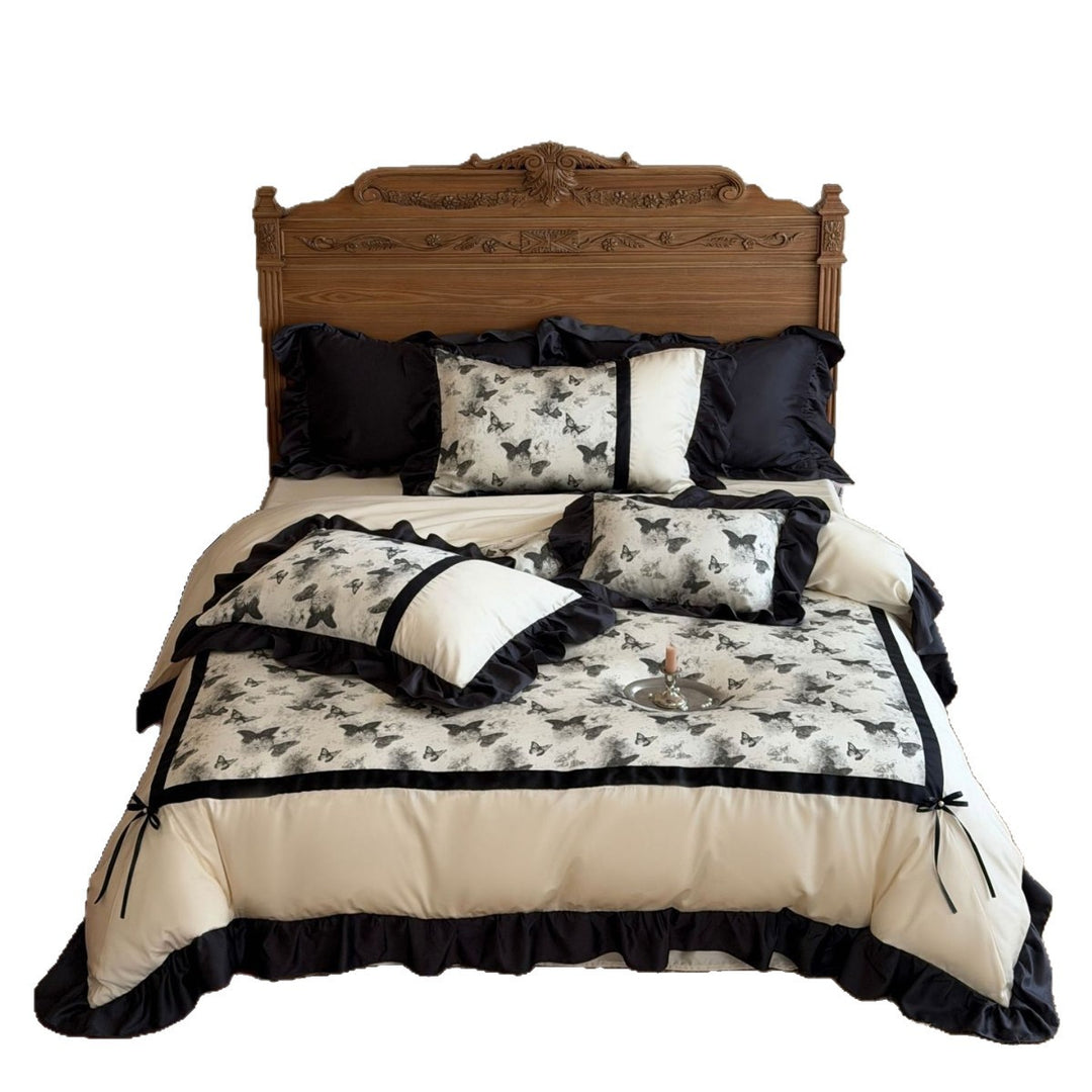 Satin-Duvet cover set with butterfly pattern, ruffle detail & decorative ribbon