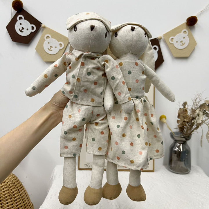 Soft Linen Bunny Doll Pair with Removable Vintage-Inspired Outfits