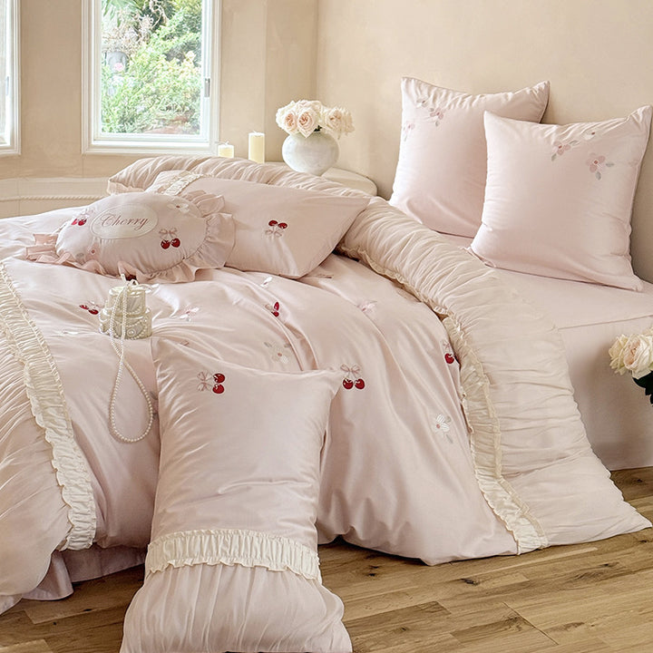 Luxurious satin bedding set with gathered ruffle, cherry embroidery and decorative pillow