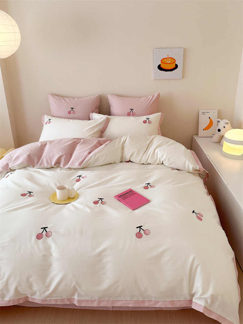 Cotton satin bedding set with delicate cherry embroidery and reversible function