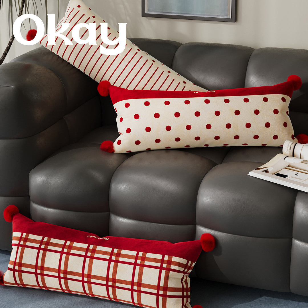 Decorative Long Lumbar Cushion Cover with Striped and Polka Dot Print and Corner Pom-Poms
