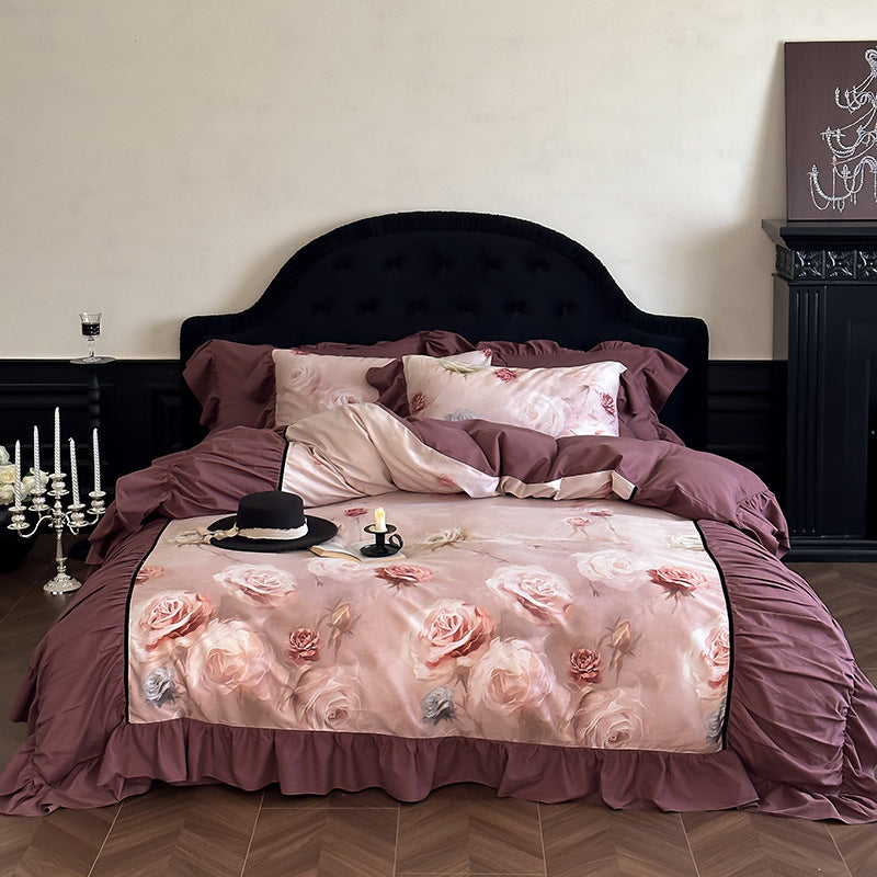 Bedding set made of cotton satin with rose watercolor print, ruffle and decorative bedspread
