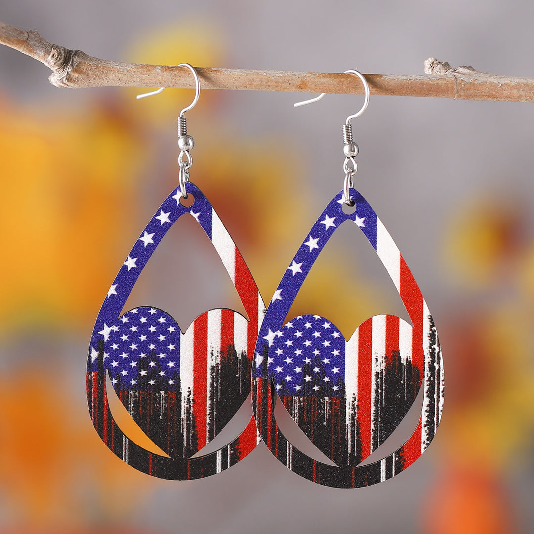 Women's nan patriotic teardrop wooden dangle earrings with star stripe cutout Kalsten