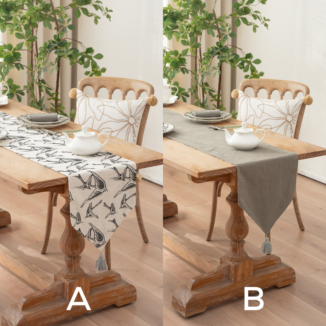 Elegant linen table runner with tassels and decorative print