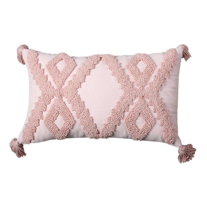 Decorative Boho Textured Lumbar Throw Pillow with Zigzag Tufted Crochet and Knotted Fringe