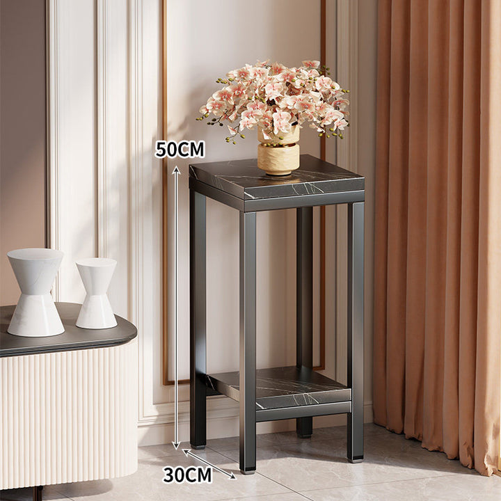 Tall Narrow Marble-Top Plant Stand Side Table with Lower Shelf and Gold Metal Frame