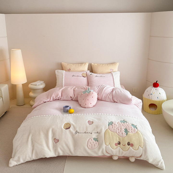 Children's bedding set with embroidered strawberry appliqué, cuddly reversible cover and Vichy check
