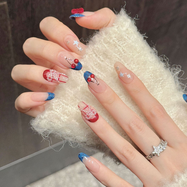 Artistic Press-On Nail Set with Decorative Cherry and Star Accents