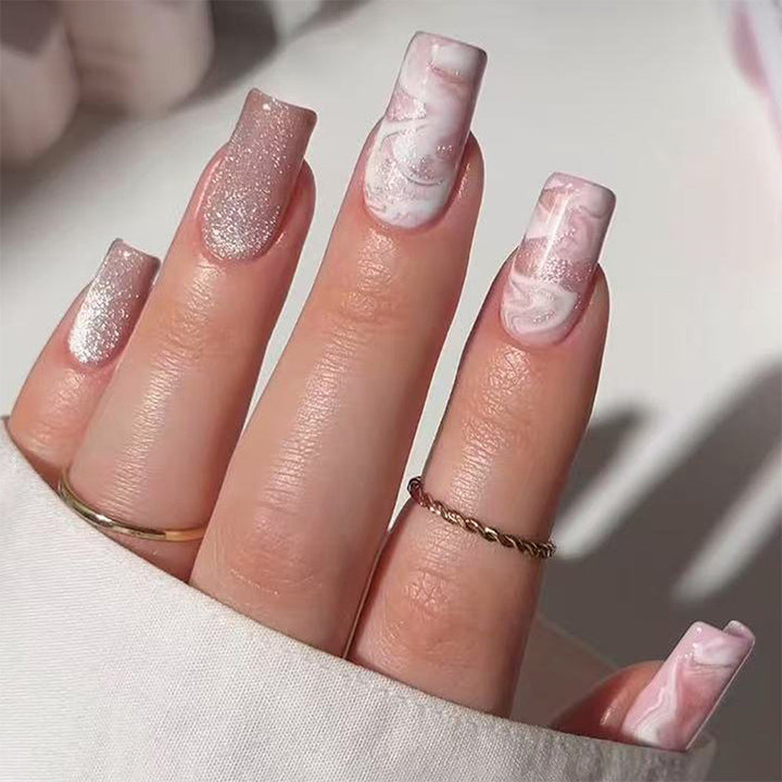 Artificial nail set with stylish marble design and glitter accents Kalsten