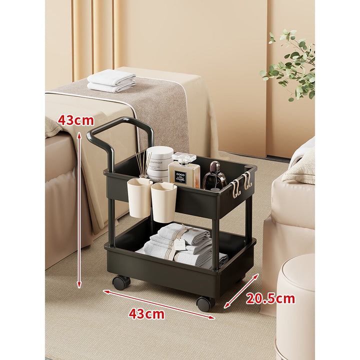 Compact Two-Tier Rolling Storage Cart with Integrated Handle and Accessory Hooks