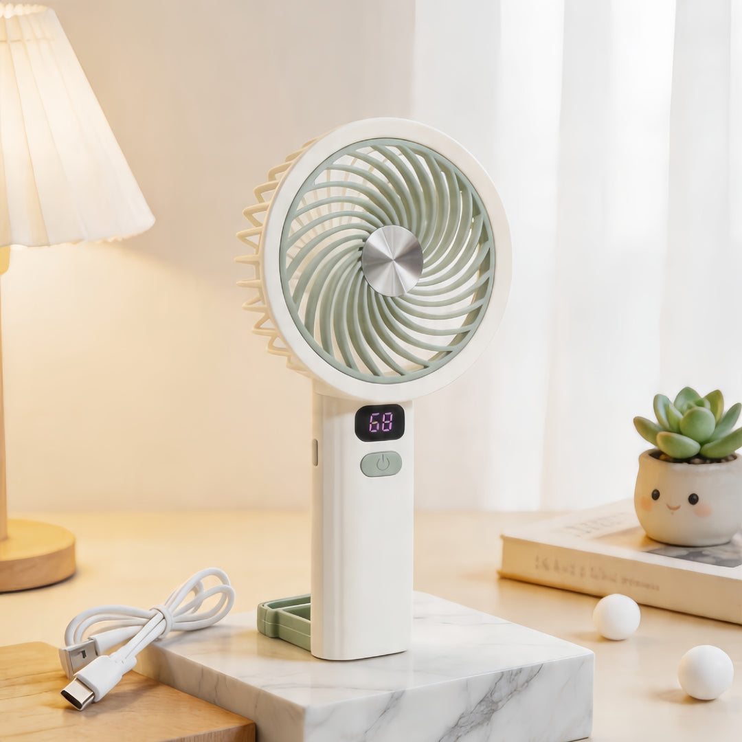 Ladies Portable Hand Fan with LCD Temperature Display and Rechargeable Battery Kalsten