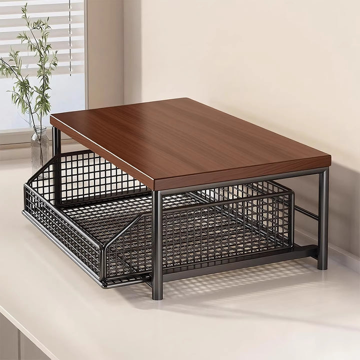 Compact Two-Tier Countertop Coffee Station Organizer with Wooden Top and Slide-Out Wire Mesh Baskets