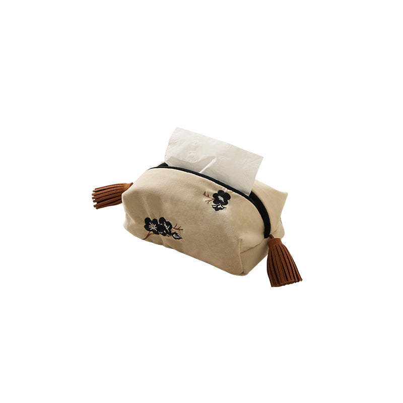 Elegant velvet handkerchief box cover with floral embroidery and tassels