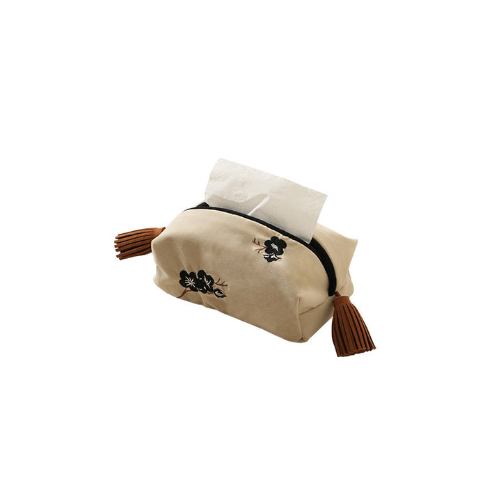 Elegant velvet handkerchief box cover with floral embroidery and tassels