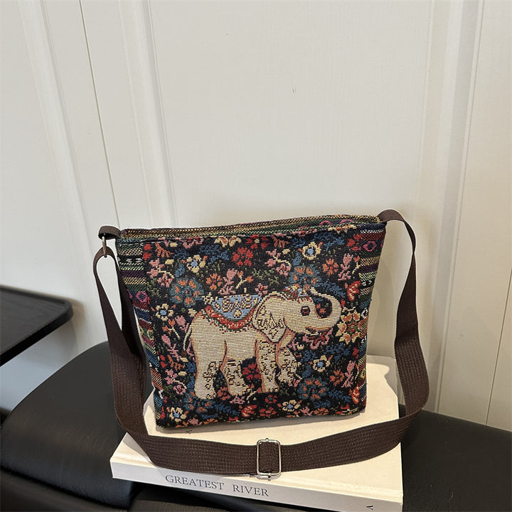 Artistic Elephant Embroidered Crossbody Bag