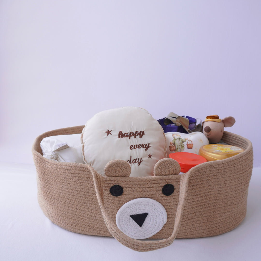 Woven Cotton Rope Nursery Storage Basket with Bear Face Organizer