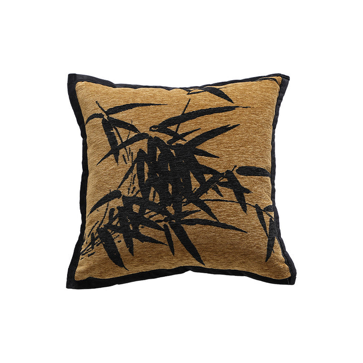 Decorative velvet cushion with embroidered bamboo motif and piping