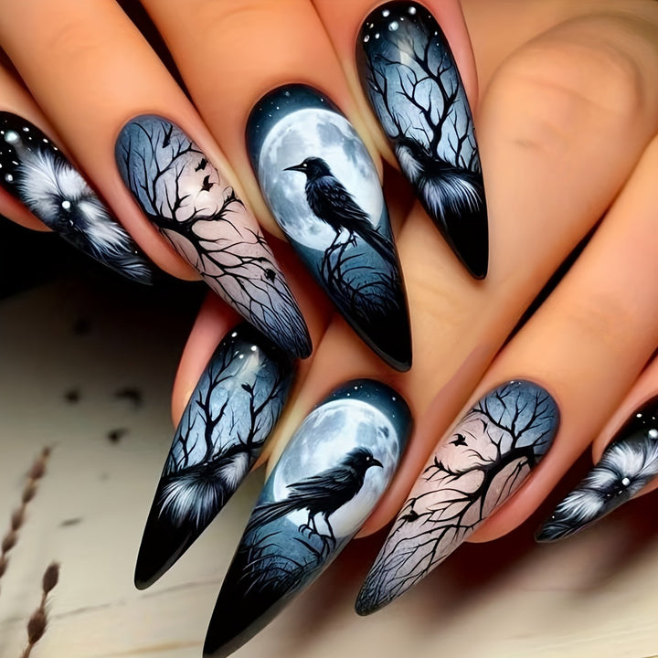 Creative artificial nails with mystical moon and crow design Kalsten