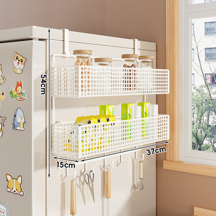 Over-Refrigerator Vertical Hanging Mesh Storage Rack with Deep Baskets and Hook Rail