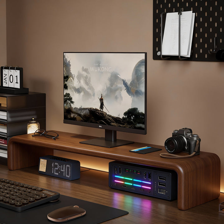 Low-Profile Curved Desktop Monitor Platform with Integrated Under-Shelf Organizer and Ambient Backlight