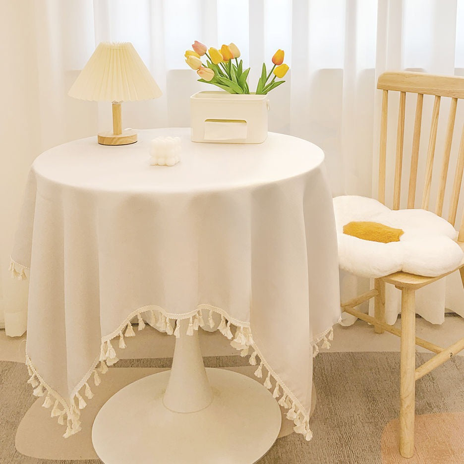 Round Textured Tassel-Trim Tablecloth with Linen-Feel Draped Finish