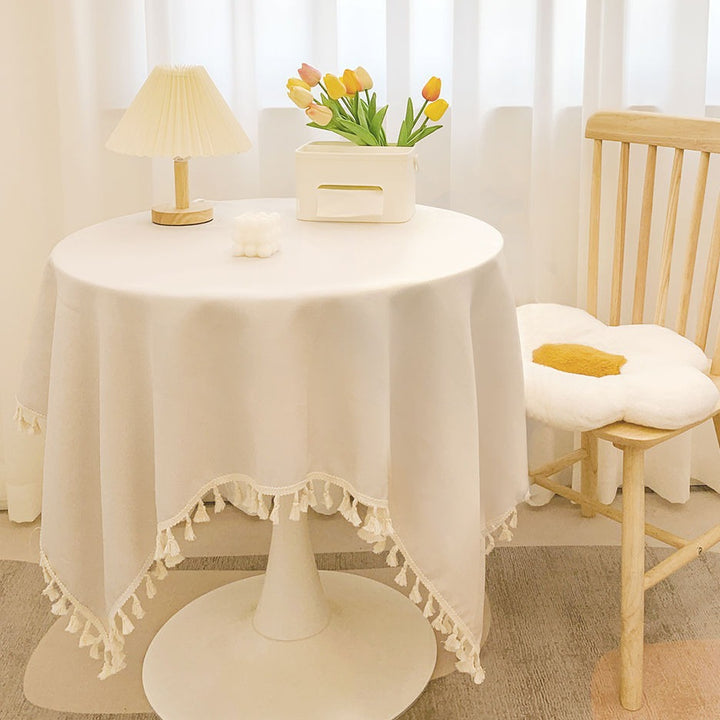 Round Textured Tassel-Trim Tablecloth with Linen-Feel Draped Finish