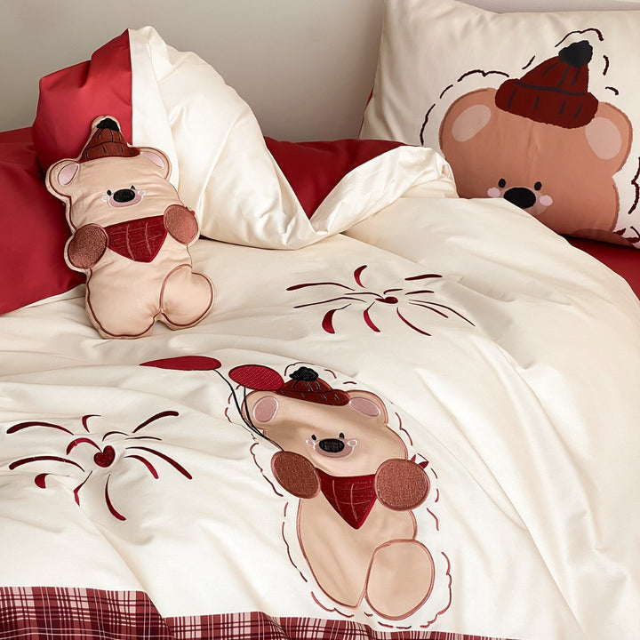 Children's bedding set made of cotton satin with a cute bear print, reversible function & quilted pillowcase