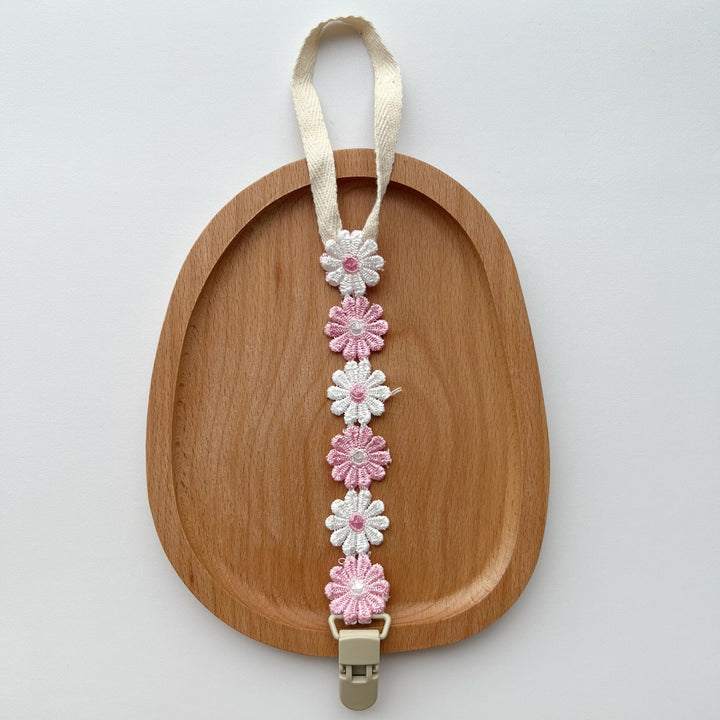 Crochet Daisy Pacifier Clip with Cotton Strap