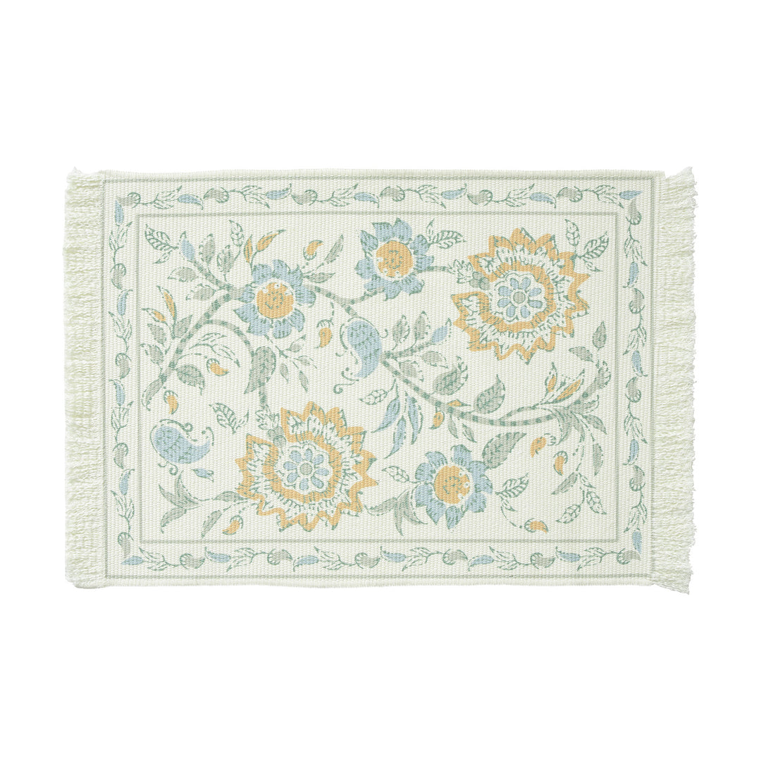 Round handmade woven decorative rug with fringes and botanical pattern Kalsten