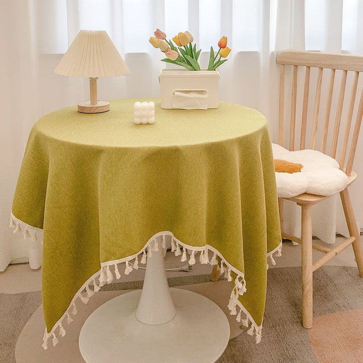 Round Textured Tassel-Trim Tablecloth with Linen-Feel Draped Finish