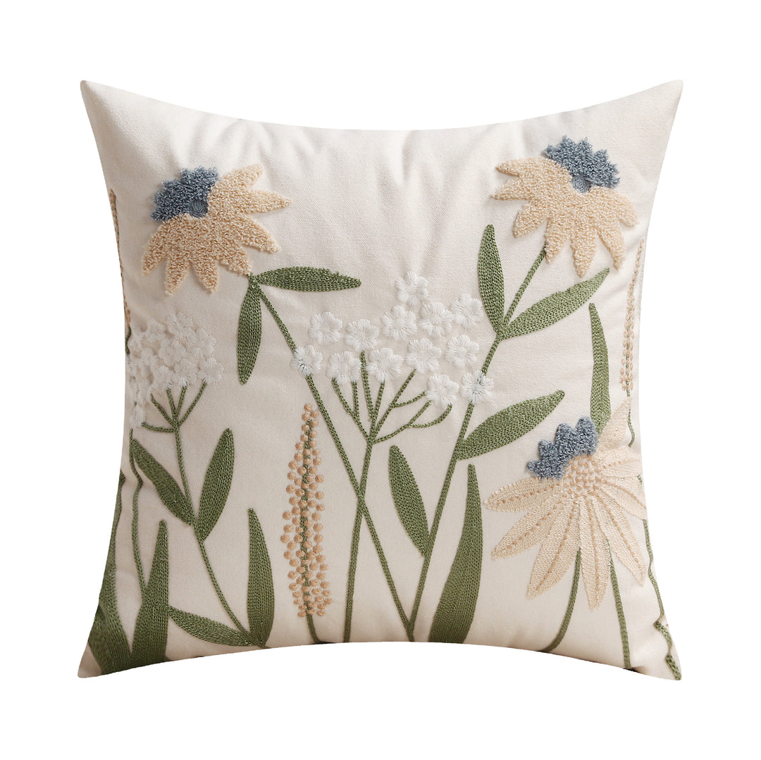 Decorative Square Embroidered Floral Tufted Linen Pillow Cover